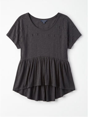 AMERICAN EAGLE Baby Doll Blouse Floral Eyelet Gray Top Boho Loose Fit, Size M